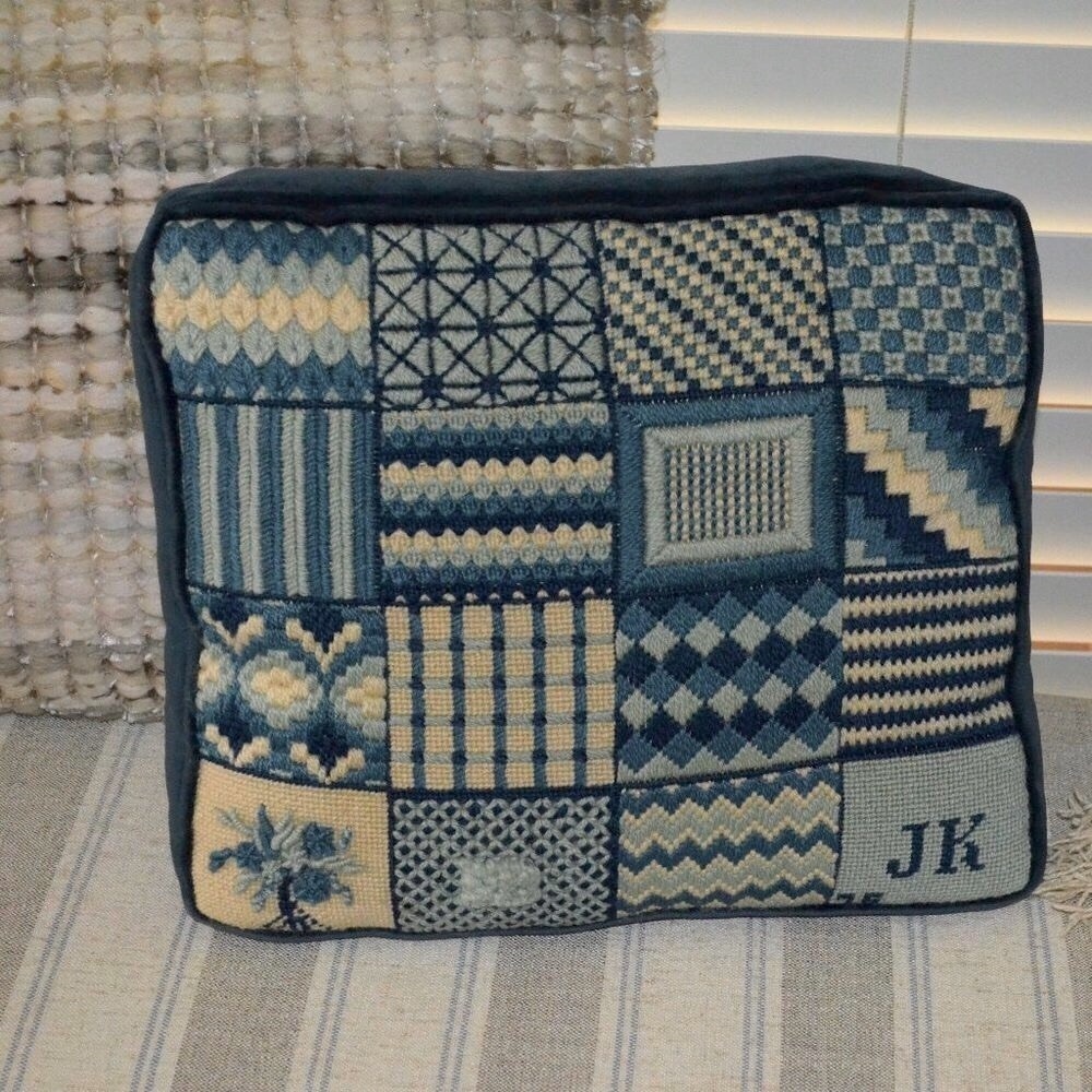 Grandmillenial Vintage Blue 12.75" x 11" Needlepoint Sampler Pillow